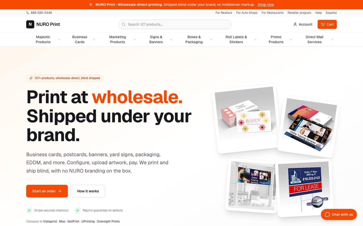 Screenshot of the NURO Print website