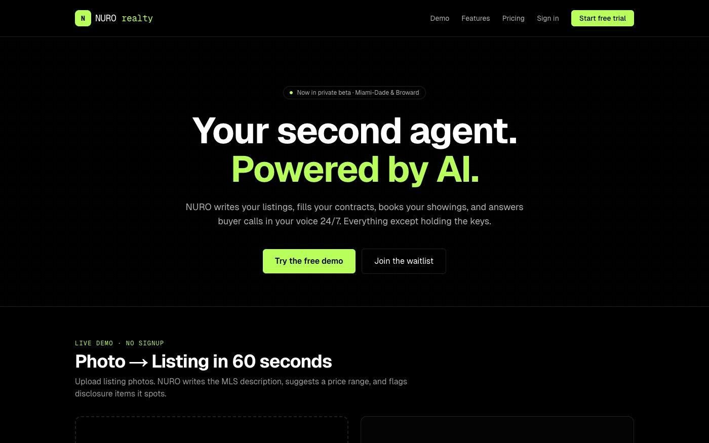 Screenshot of the NURO Realty AI website
