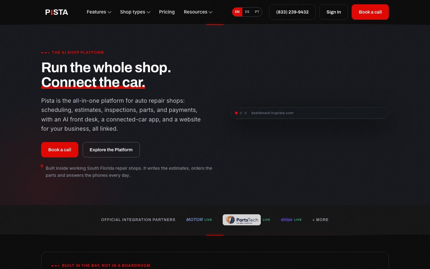 Screenshot of the PISTA (Auto Shop SaaS) website